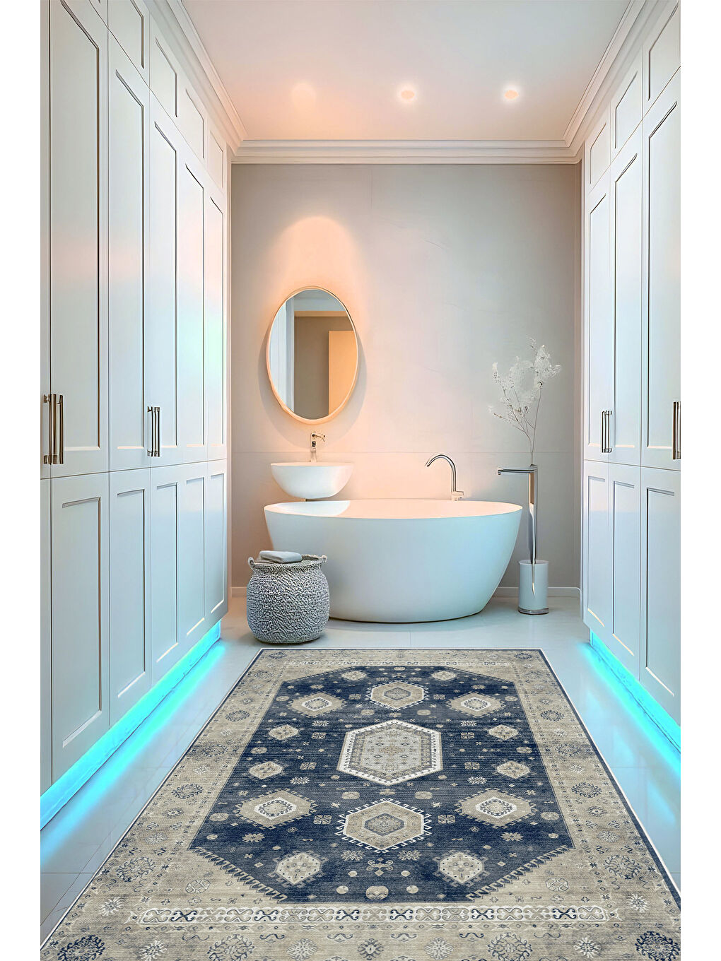 Lacivert Dekoratif Özel Tasarım Yıkanabilir İnce Kaymaz Tabanlı Modern Halı KECE FR24-3