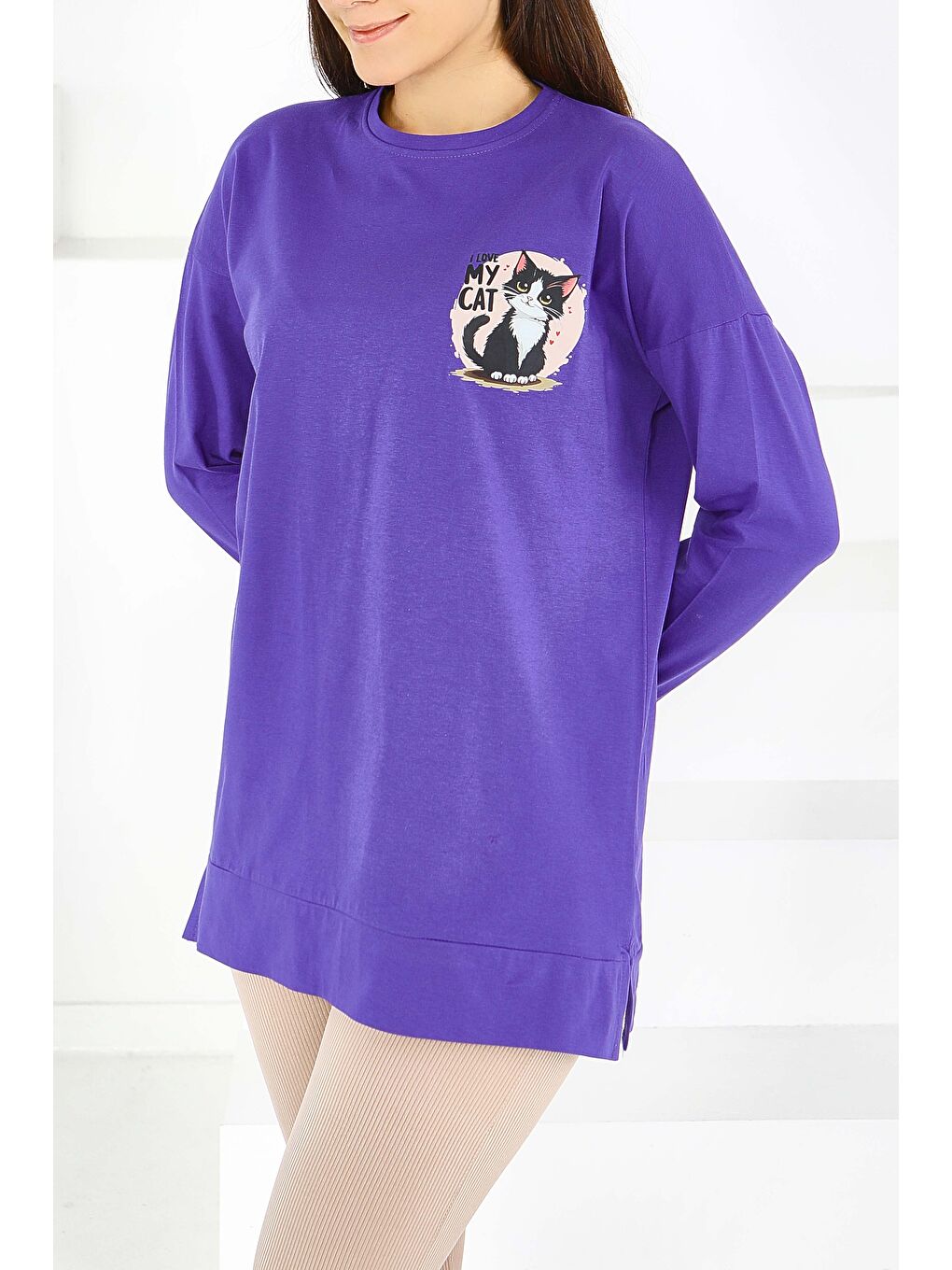 Uzun Kollu Baskılı Süprem Tunik Mor - 27585-1