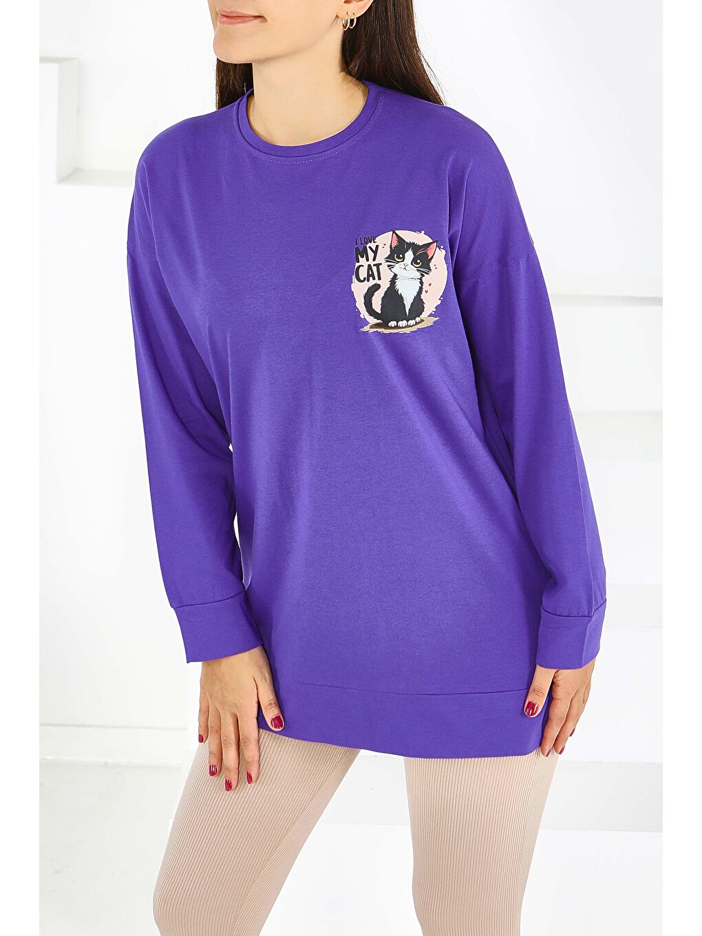 Uzun Kollu Baskılı Süprem Tunik Mor - 27585-2