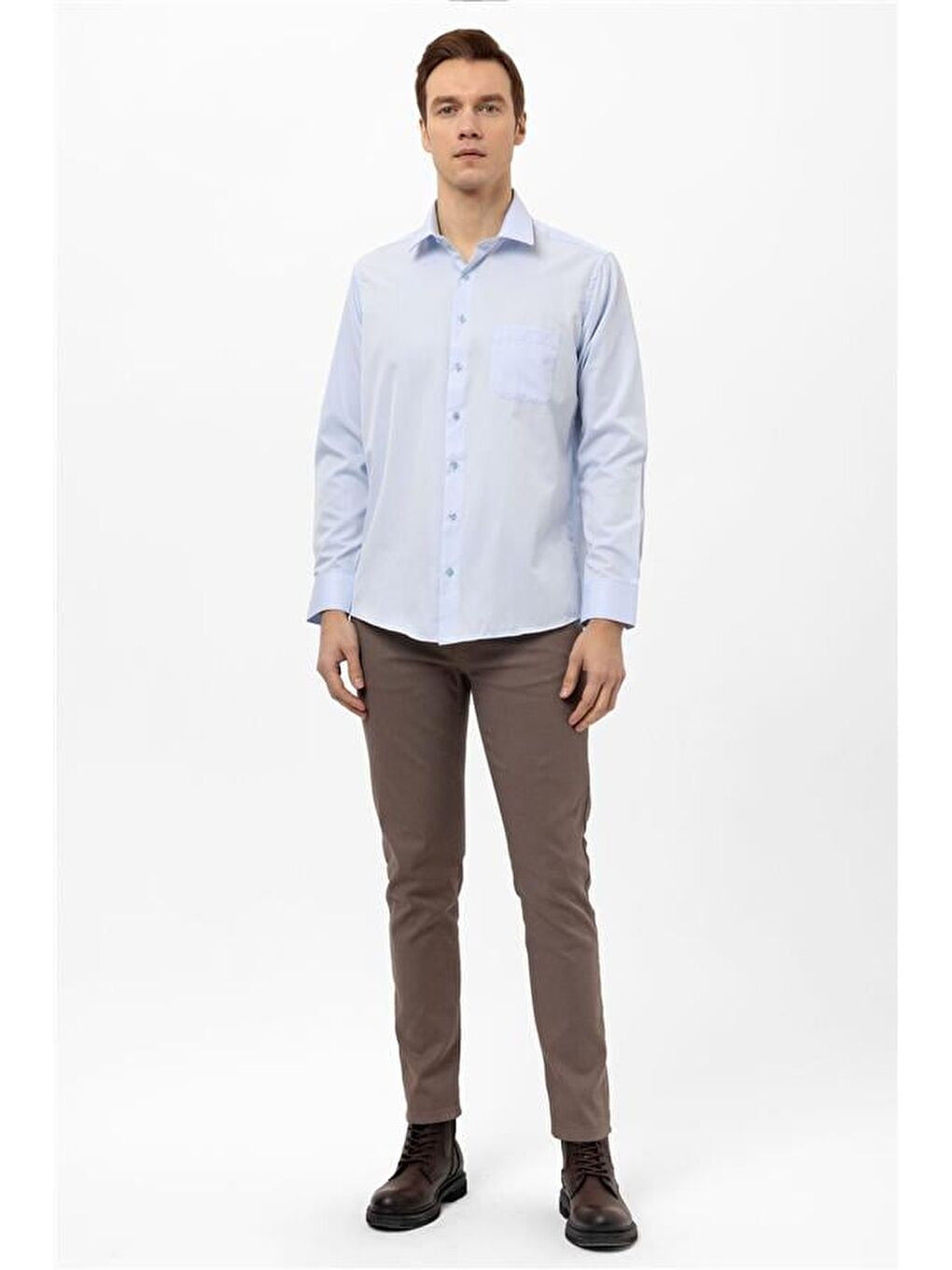 Buz Mavi Regular Armürlü Klasik Yaka Gömlek-4