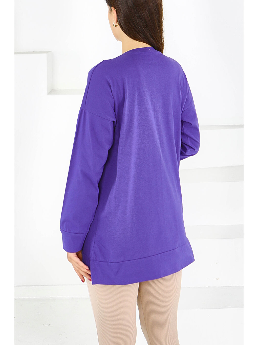 Uzun Kollu Baskılı Süprem Tunik Mor - 27585-3