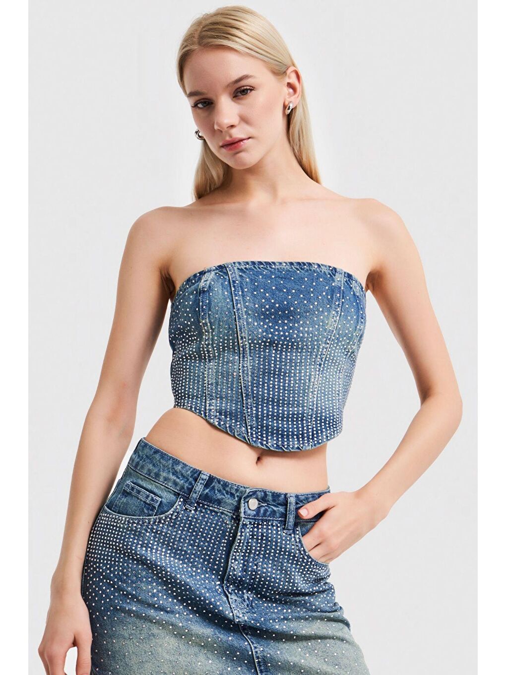 Yeşil Kadın Denim  Rengi Önü Parlak Taşlı Straplez Crop