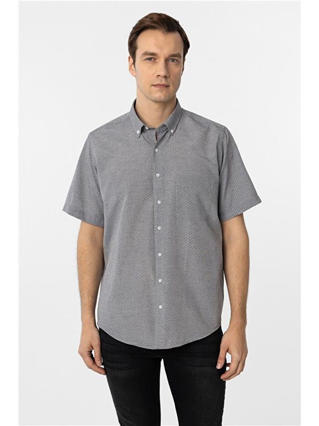 Gri Regular Desenli Düğmeli Yaka Gömlek-1