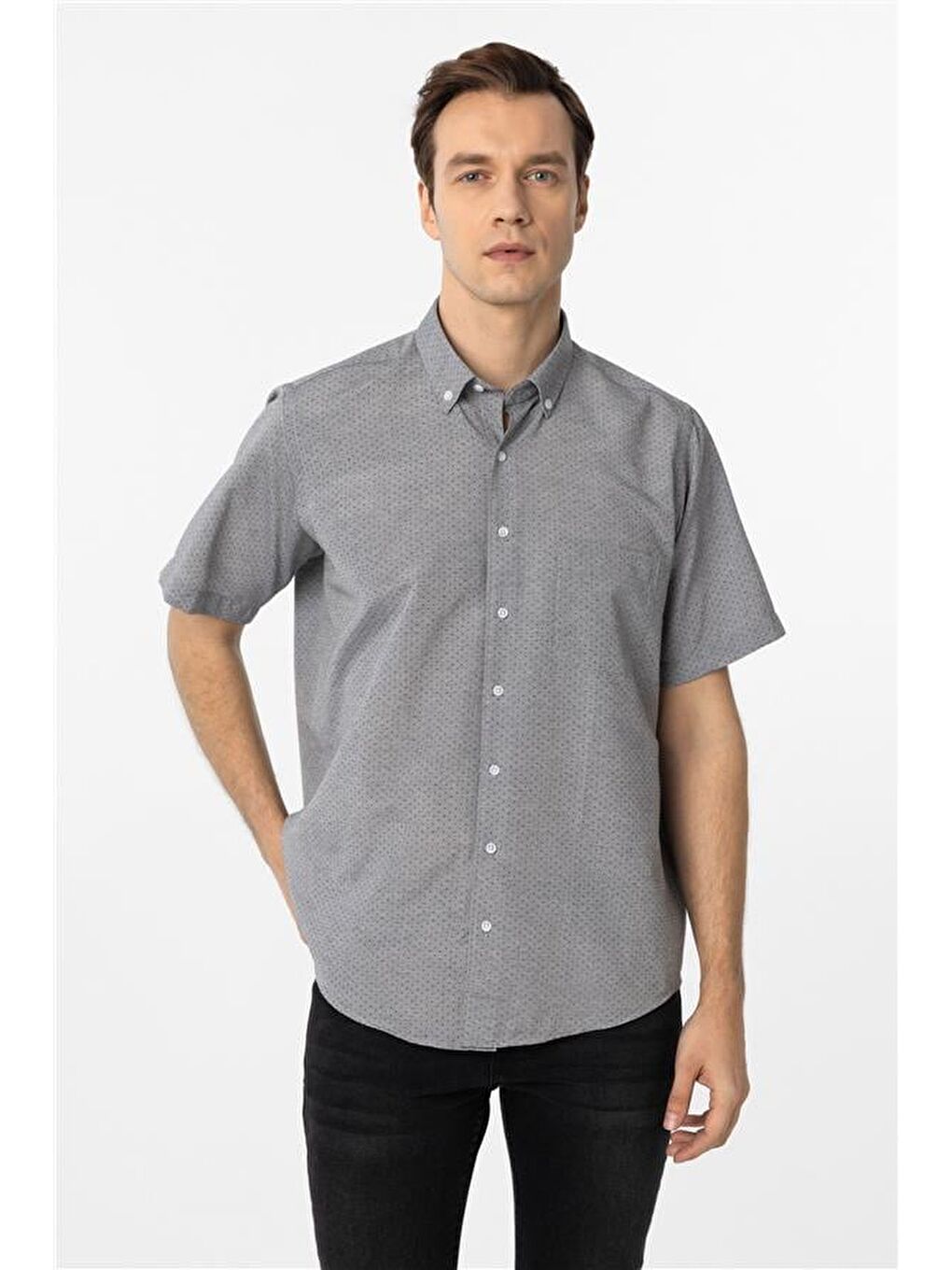 Gri Regular Desenli Düğmeli Yaka Gömlek-2