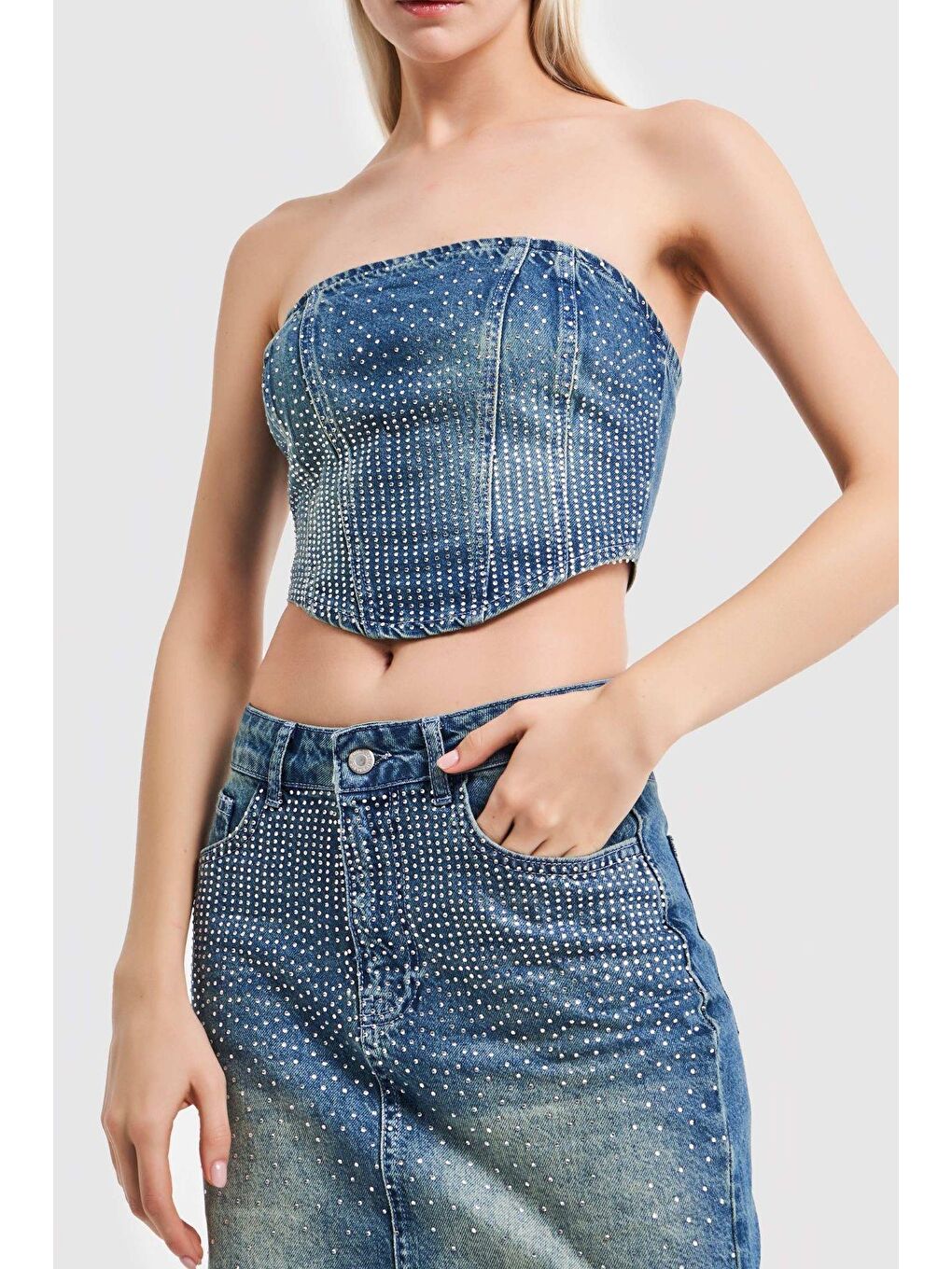 Yeşil Kadın Denim  Rengi Önü Parlak Taşlı Straplez Crop-1