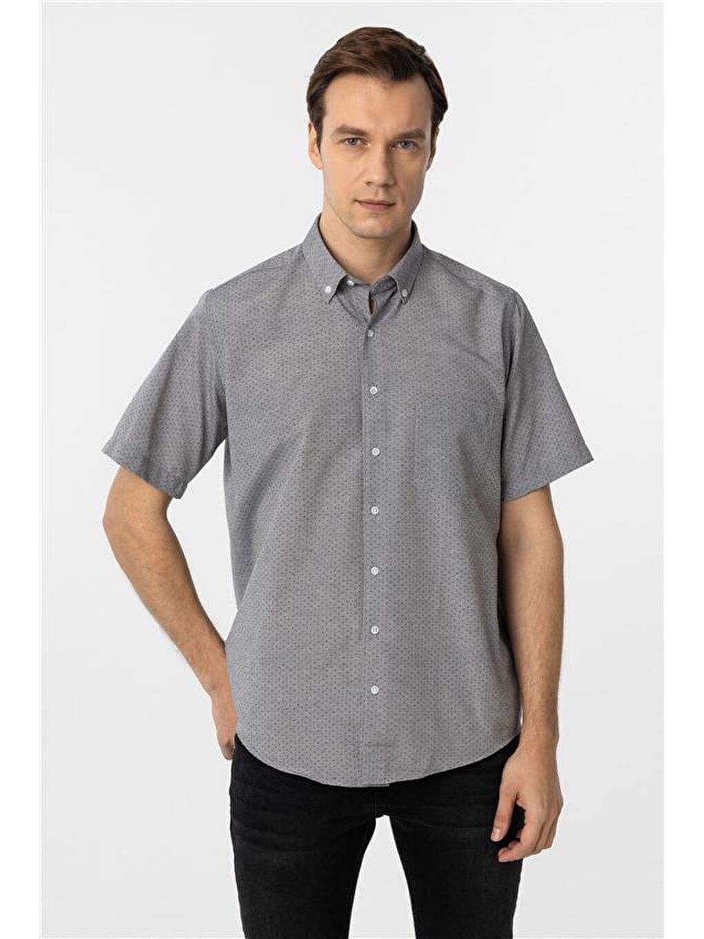 Gri Regular Desenli Düğmeli Yaka Gömlek-3