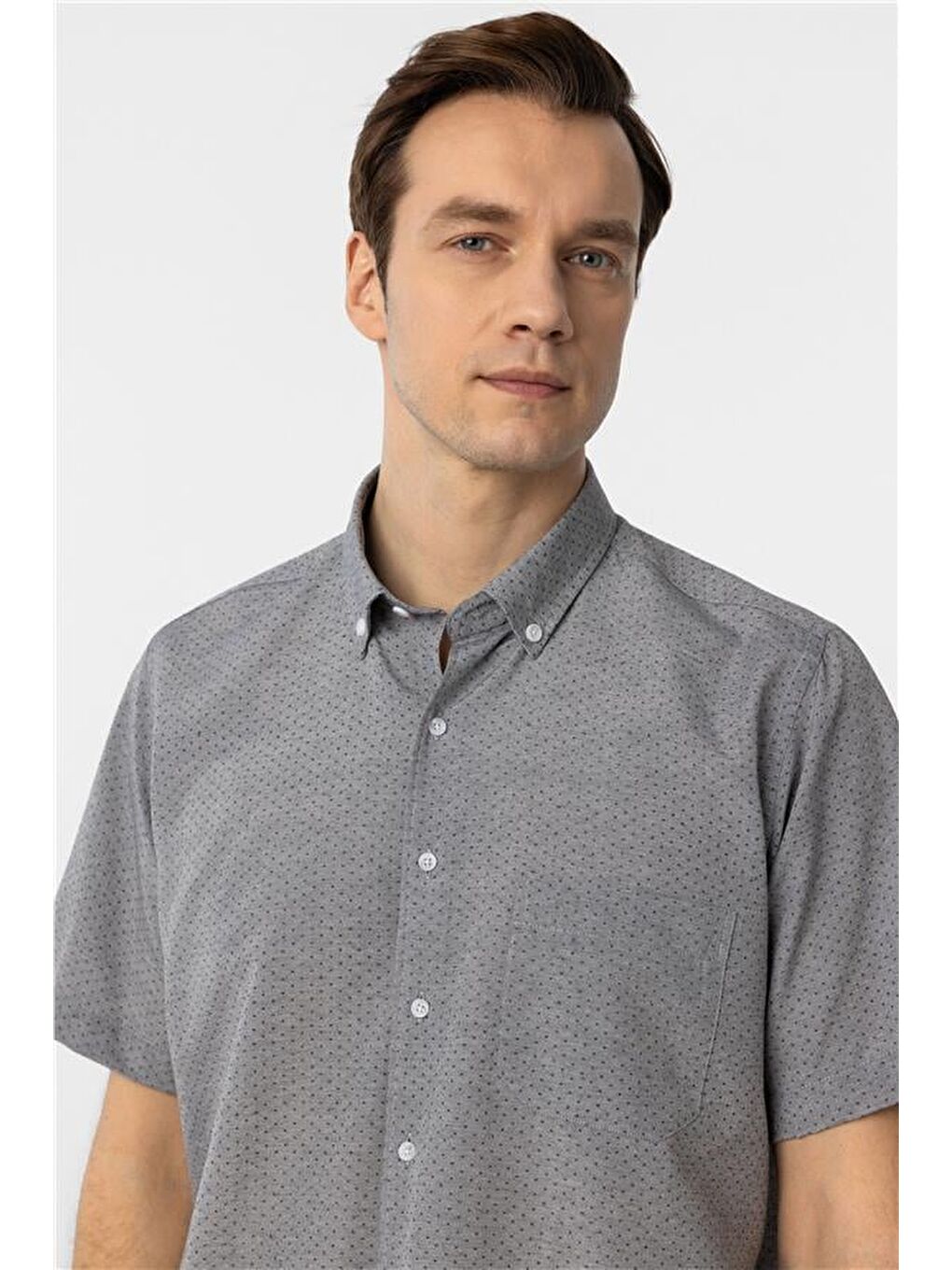 Gri Regular Desenli Düğmeli Yaka Gömlek-4