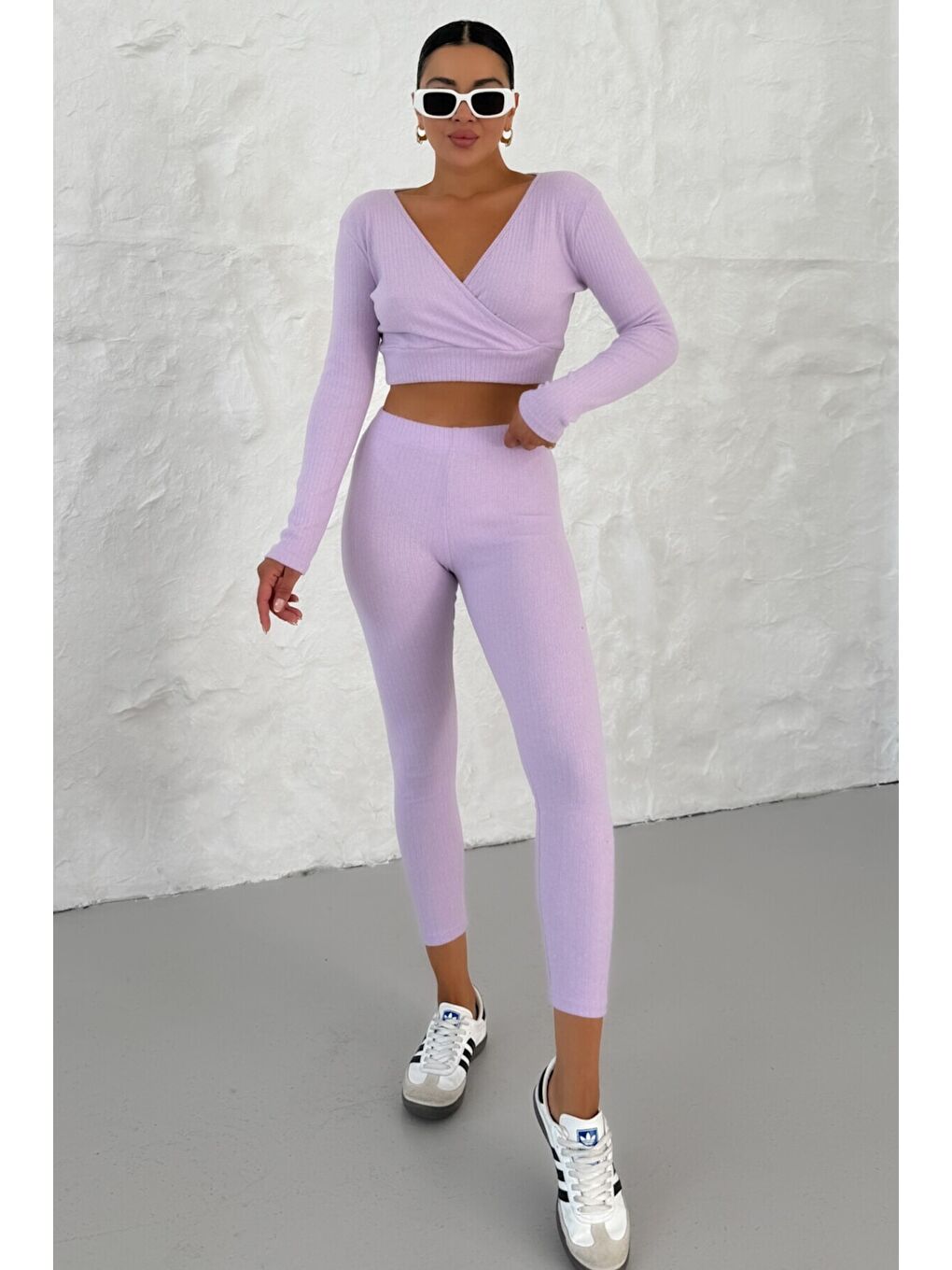 Mor Kadın Eflatun Fitilli Kruvaze Yaka Crop Taytlı Takım