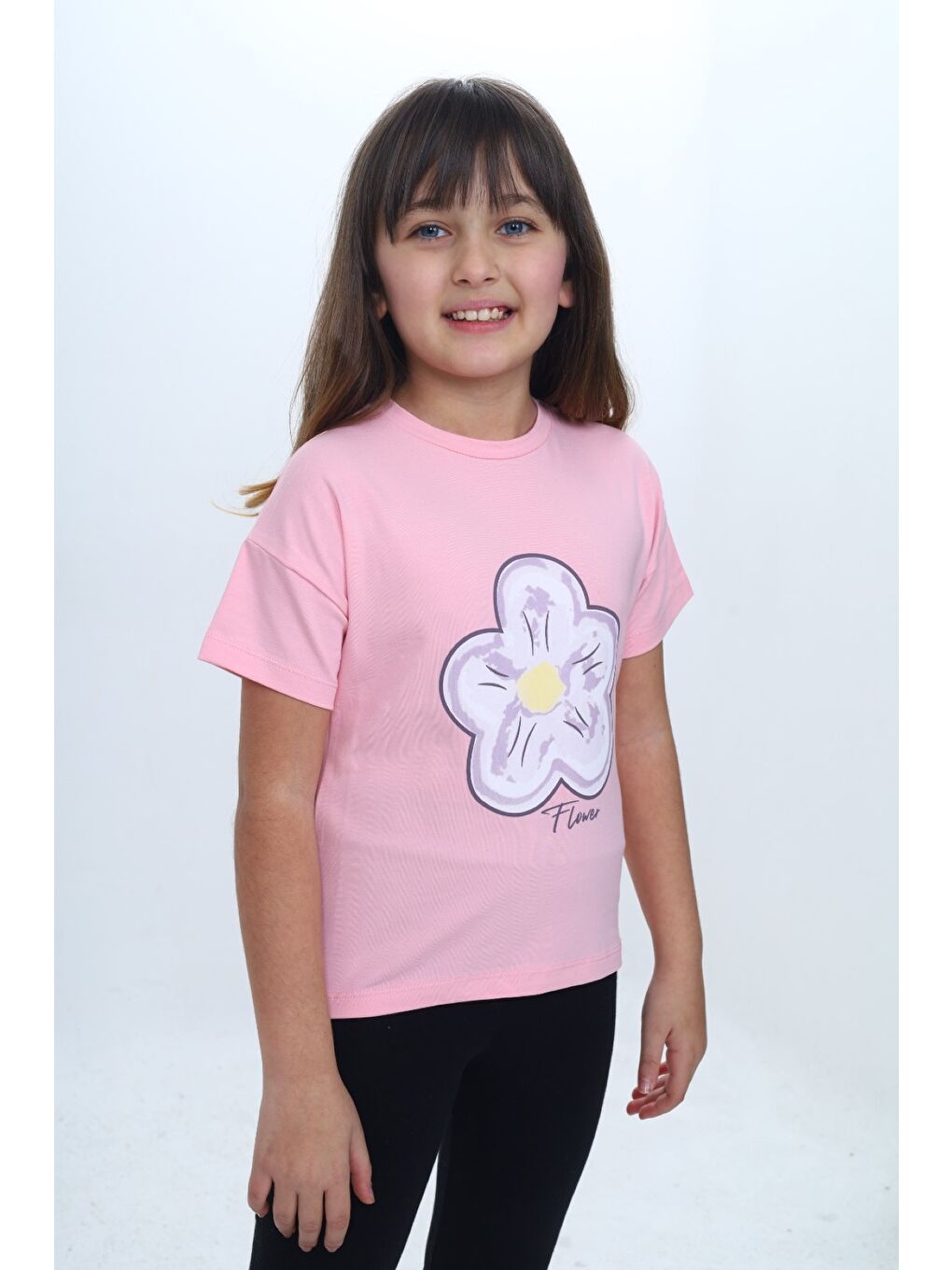 Pembe Kız Çocuk Baskılı Bisiklet Yaka Kısa Kollu Tişört 25006-2