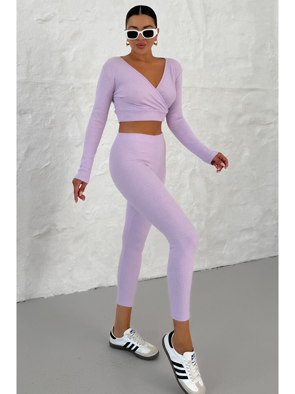 Mor Kadın Eflatun Fitilli Kruvaze Yaka Crop Taytlı Takım-1