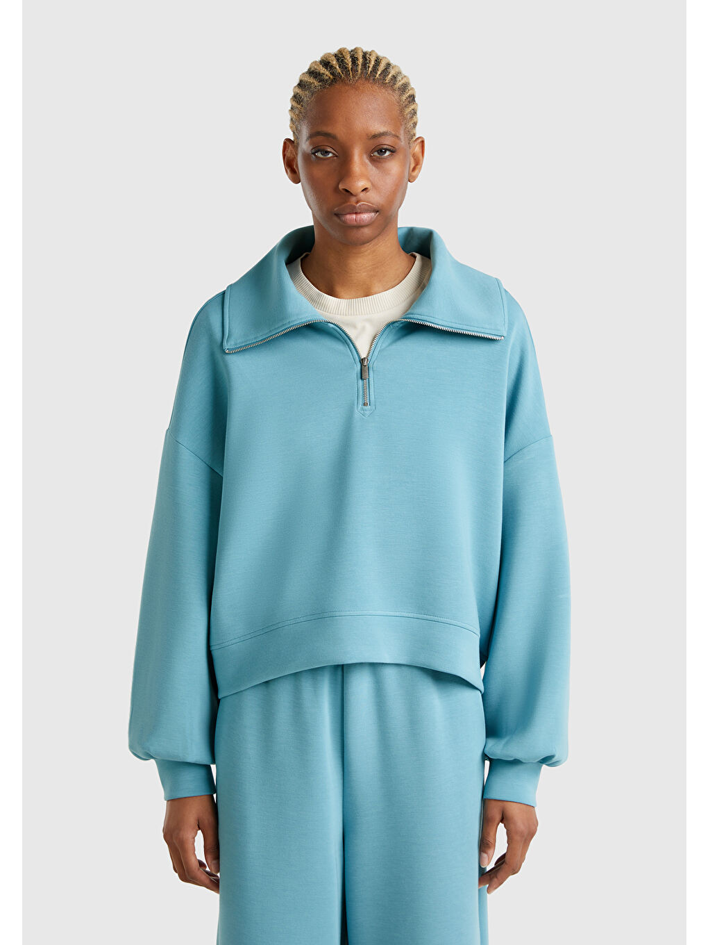 Kadın Mavi Modal Karışımlı Yarım Fermuarlı Polo Yaka Sweatshirt