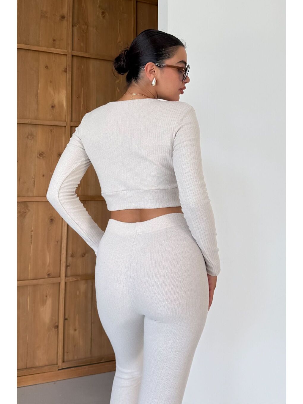 Kadın Bej Fitilli Kruvaze Yaka Crop Taytlı Takım-4