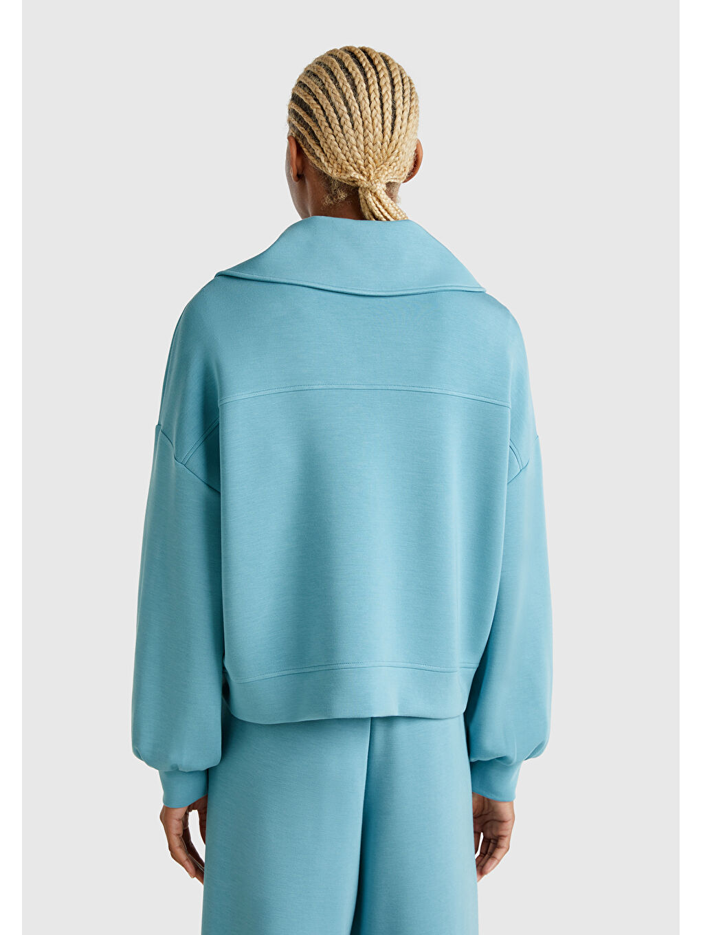 Kadın Mavi Modal Karışımlı Yarım Fermuarlı Polo Yaka Sweatshirt-2