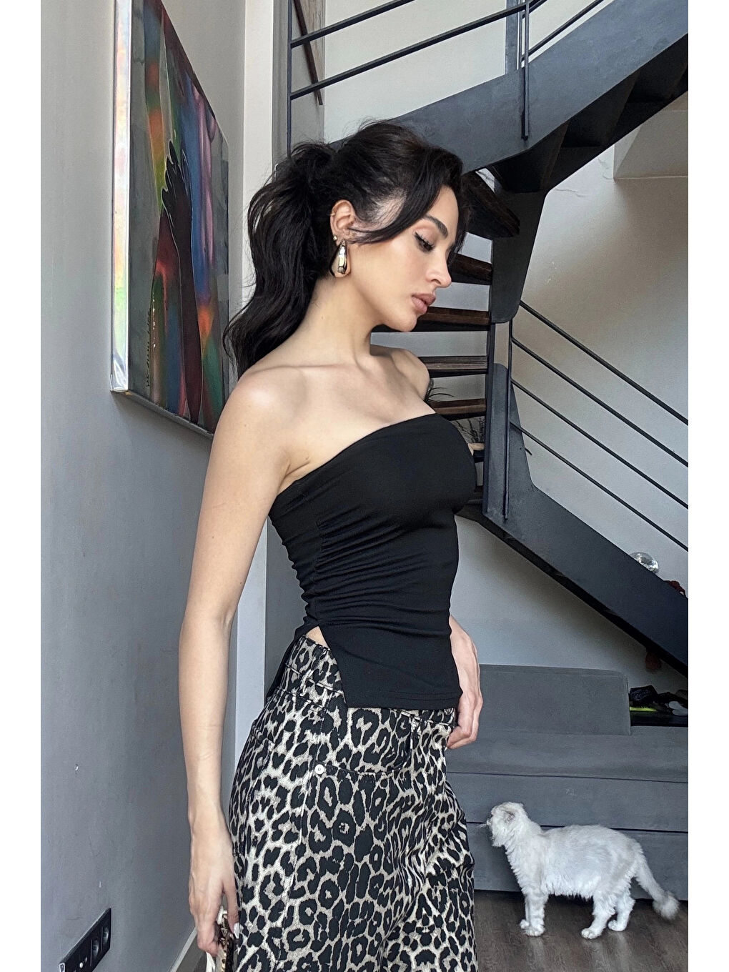 Kadın Siyah Yırtmaçlı Crop 0309