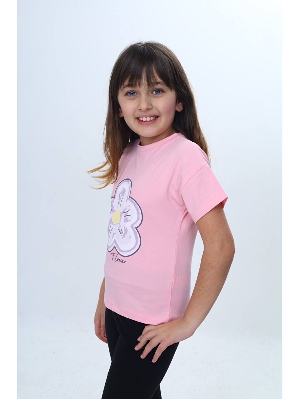Pembe Kız Çocuk Baskılı Bisiklet Yaka Kısa Kollu Tişört 25006-4