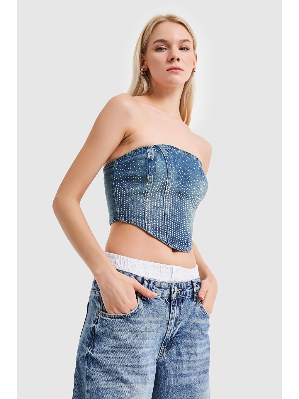 Yeşil Kadın Denim  Rengi Önü Parlak Taşlı Straplez Crop-2