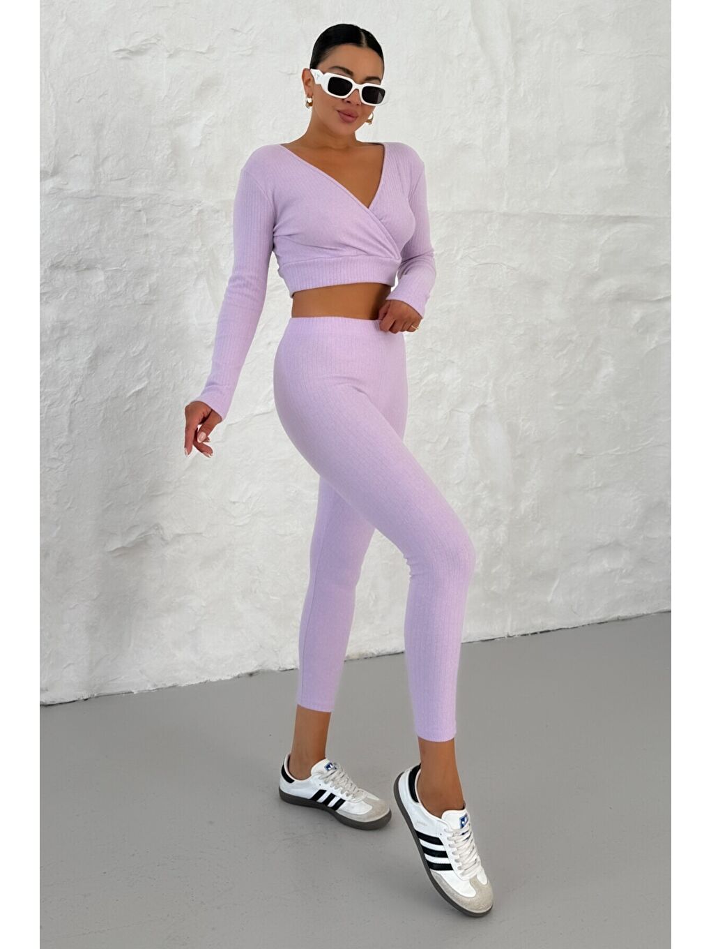 Mor Kadın Eflatun Fitilli Kruvaze Yaka Crop Taytlı Takım-2