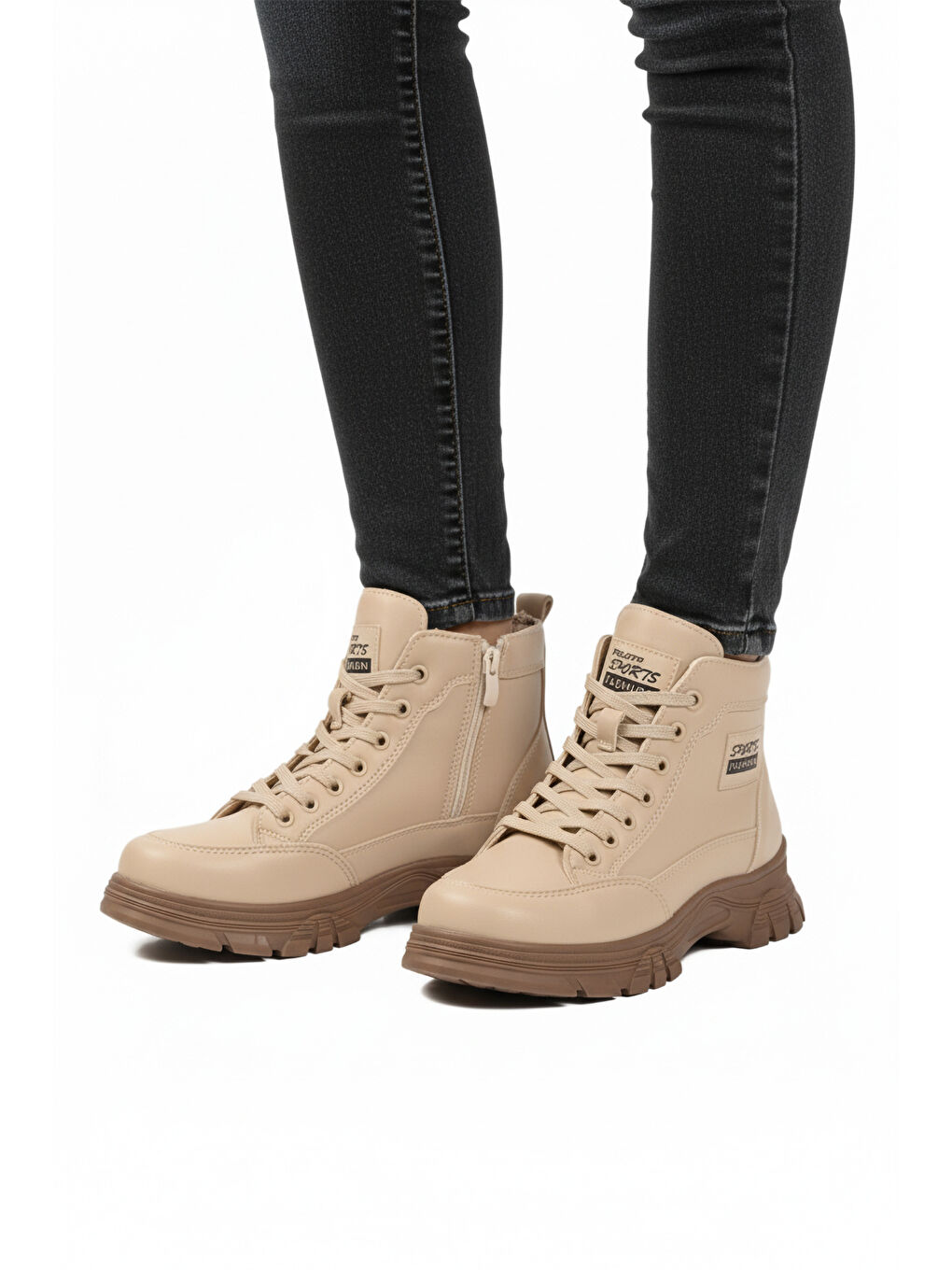 Bej İçi Kürklü Kaymaz Taban Fermuarlı Bağcıklı Kadın Bot 24090 Z