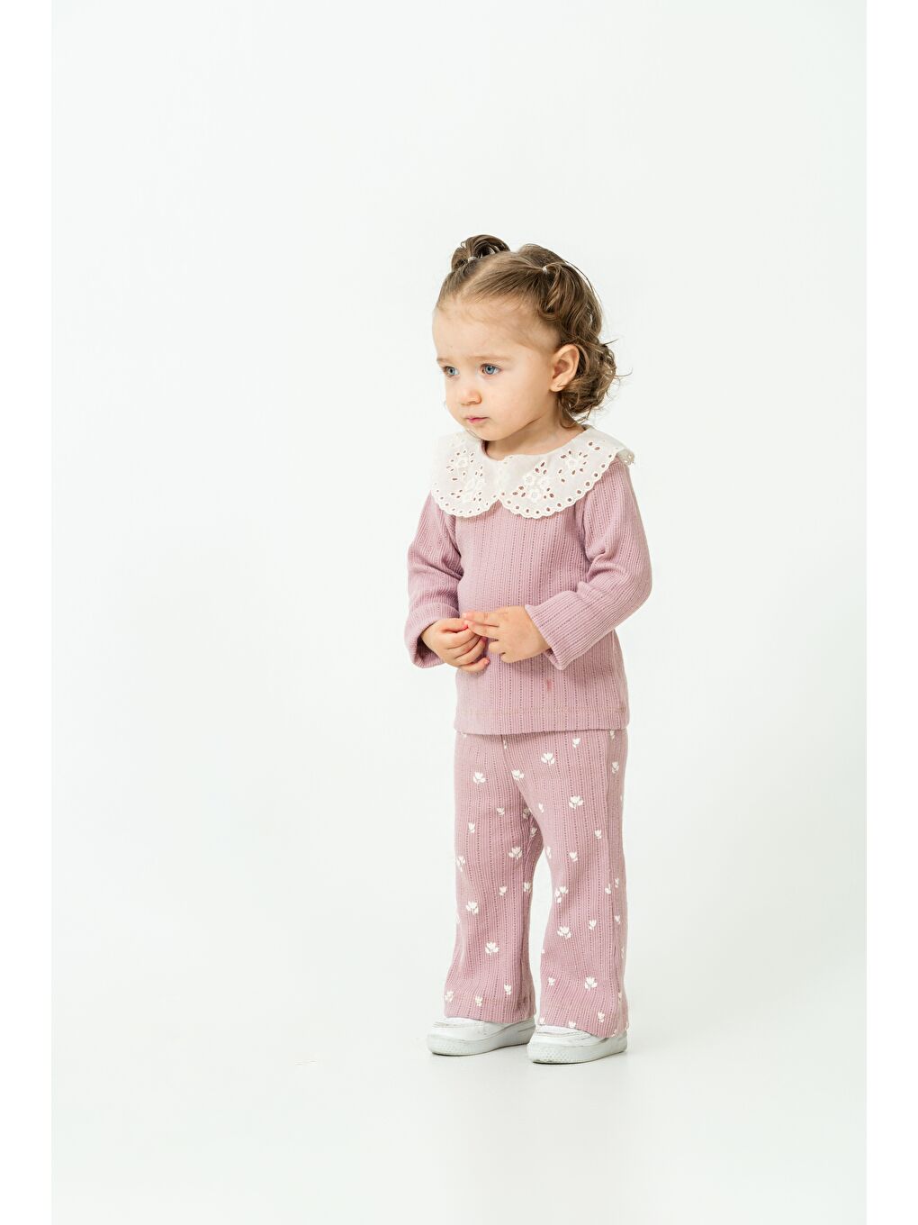 Pembe Kız Çocuk Pamuklu Lila Dantel Yaka Sweatshirt Ve Çiçek Desenli Tayt İkili Takım-2