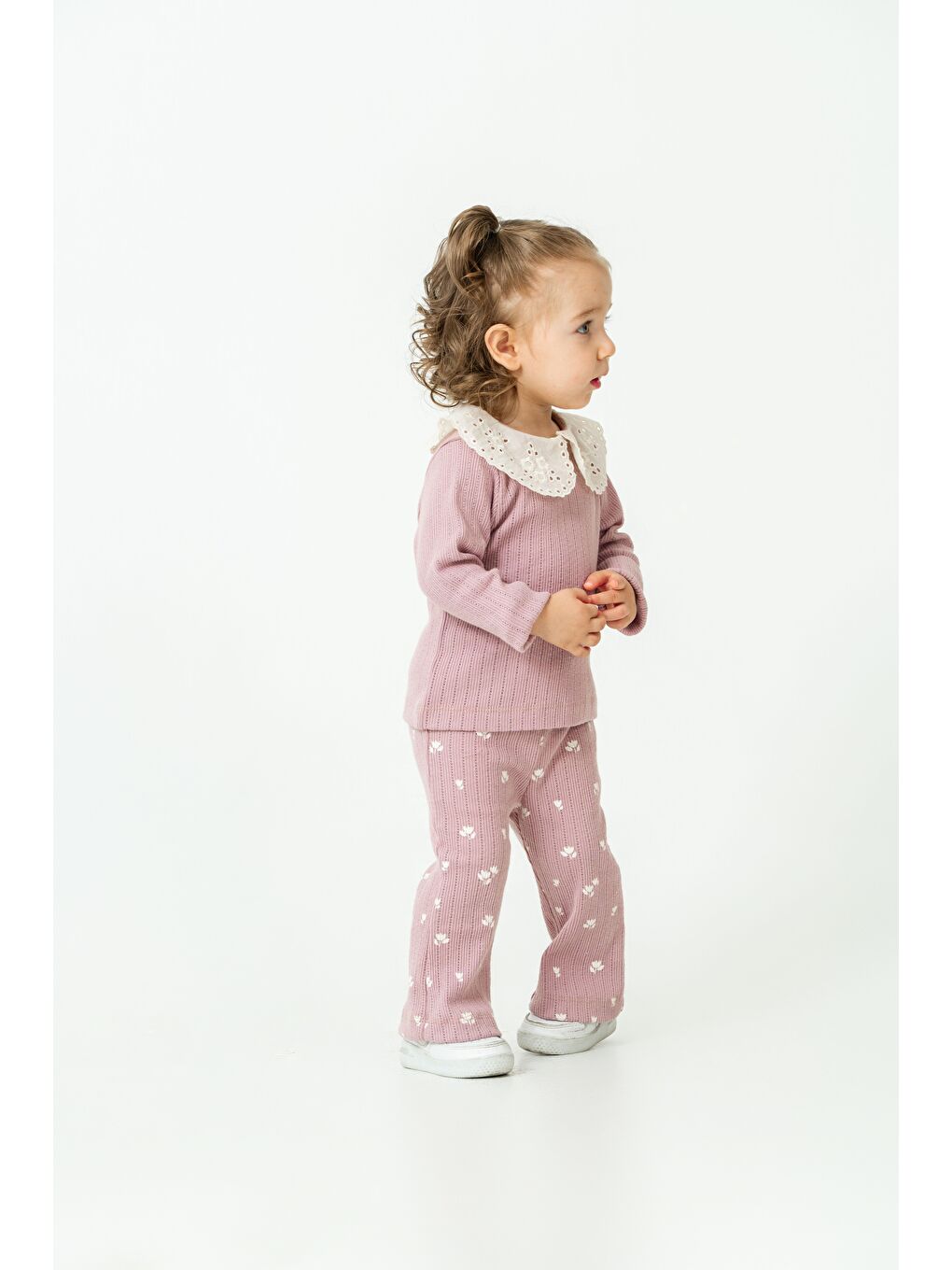 Pembe Kız Çocuk Pamuklu Lila Dantel Yaka Sweatshirt Ve Çiçek Desenli Tayt İkili Takım-3