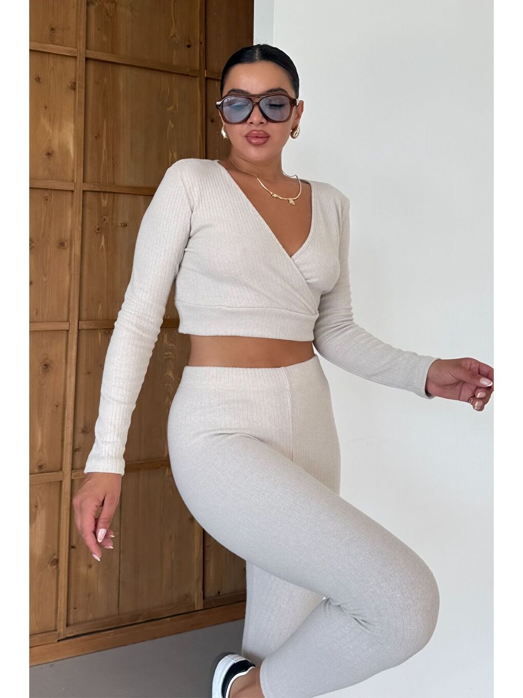 Kadın Bej Fitilli Kruvaze Yaka Crop Taytlı Takım-6