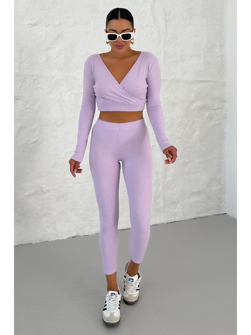 Mor Kadın Eflatun Fitilli Kruvaze Yaka Crop Taytlı Takım-3