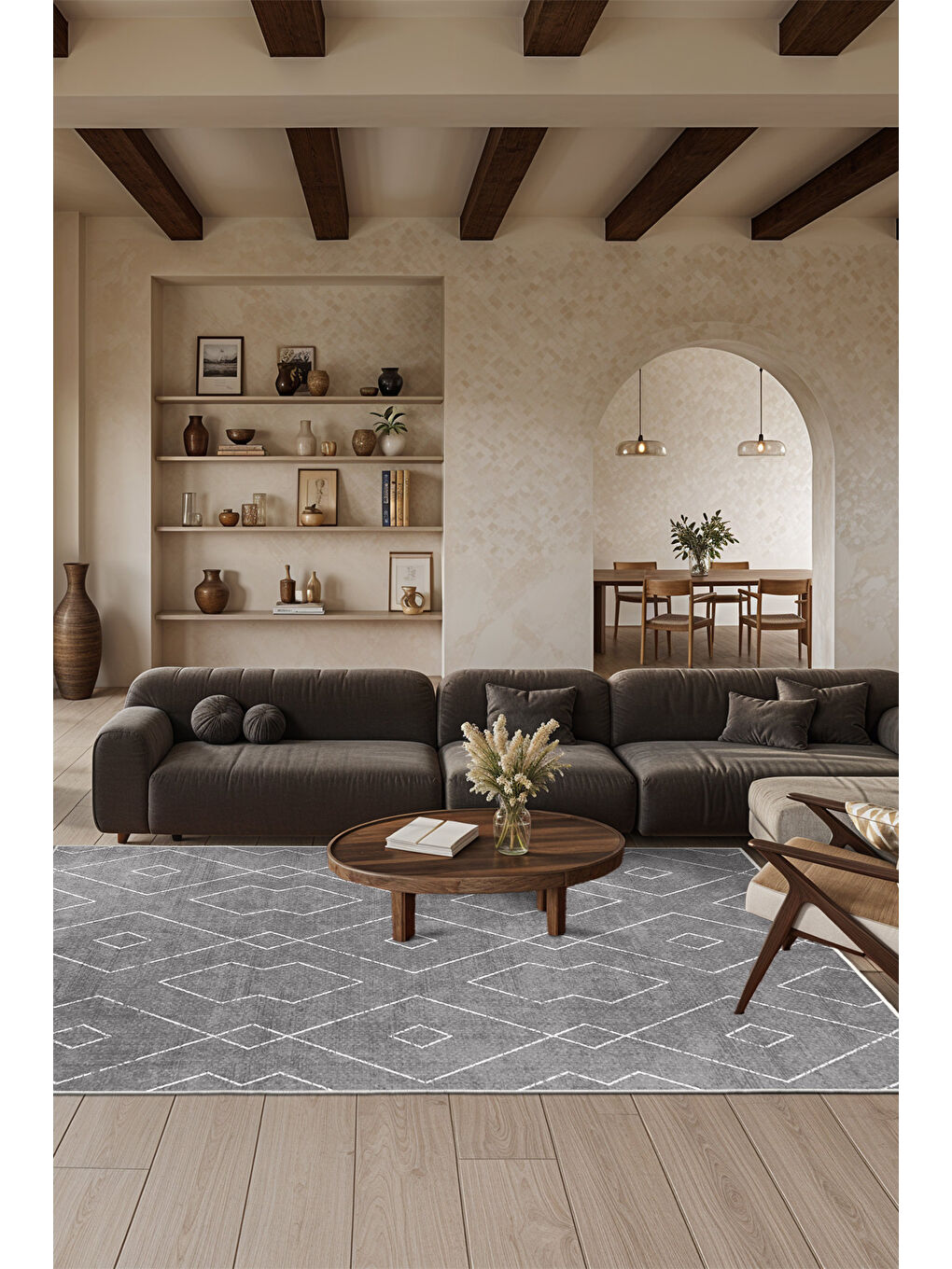 Gri Dekoratif Özel Tasarım Yıkanabilir İnce Kaymaz Tabanlı Modern Halı KECE FR21-2