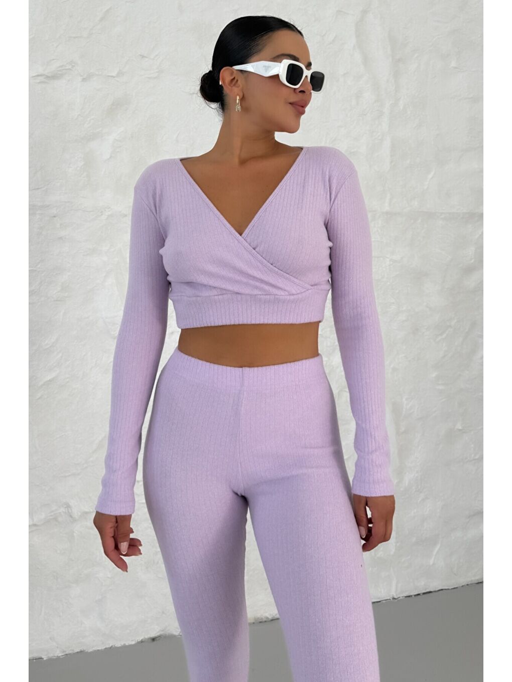 Mor Kadın Eflatun Fitilli Kruvaze Yaka Crop Taytlı Takım-4