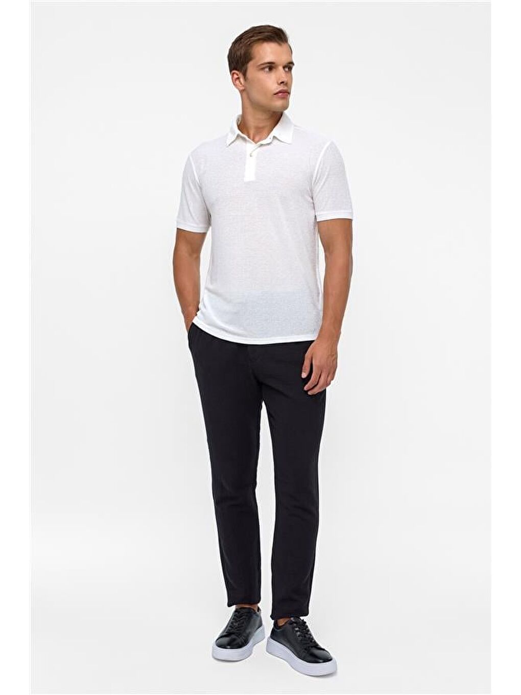 Beyaz Regular Düz Polo Yaka Tişört-6