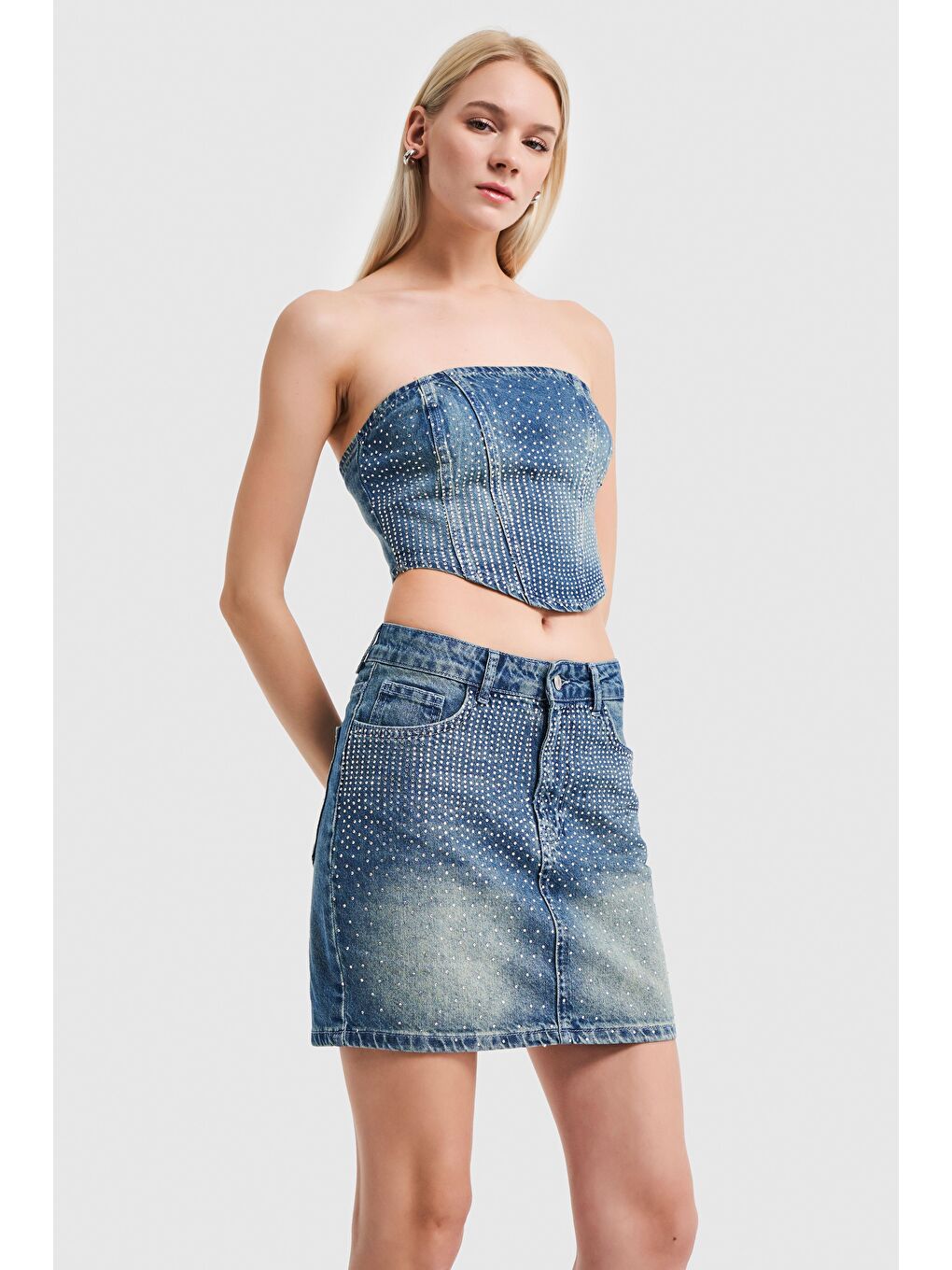 Yeşil Kadın Denim  Rengi Önü Parlak Taşlı Straplez Crop-3