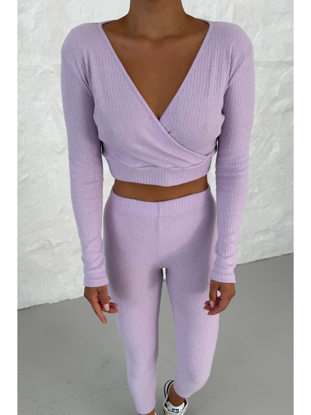 Mor Kadın Eflatun Fitilli Kruvaze Yaka Crop Taytlı Takım-5