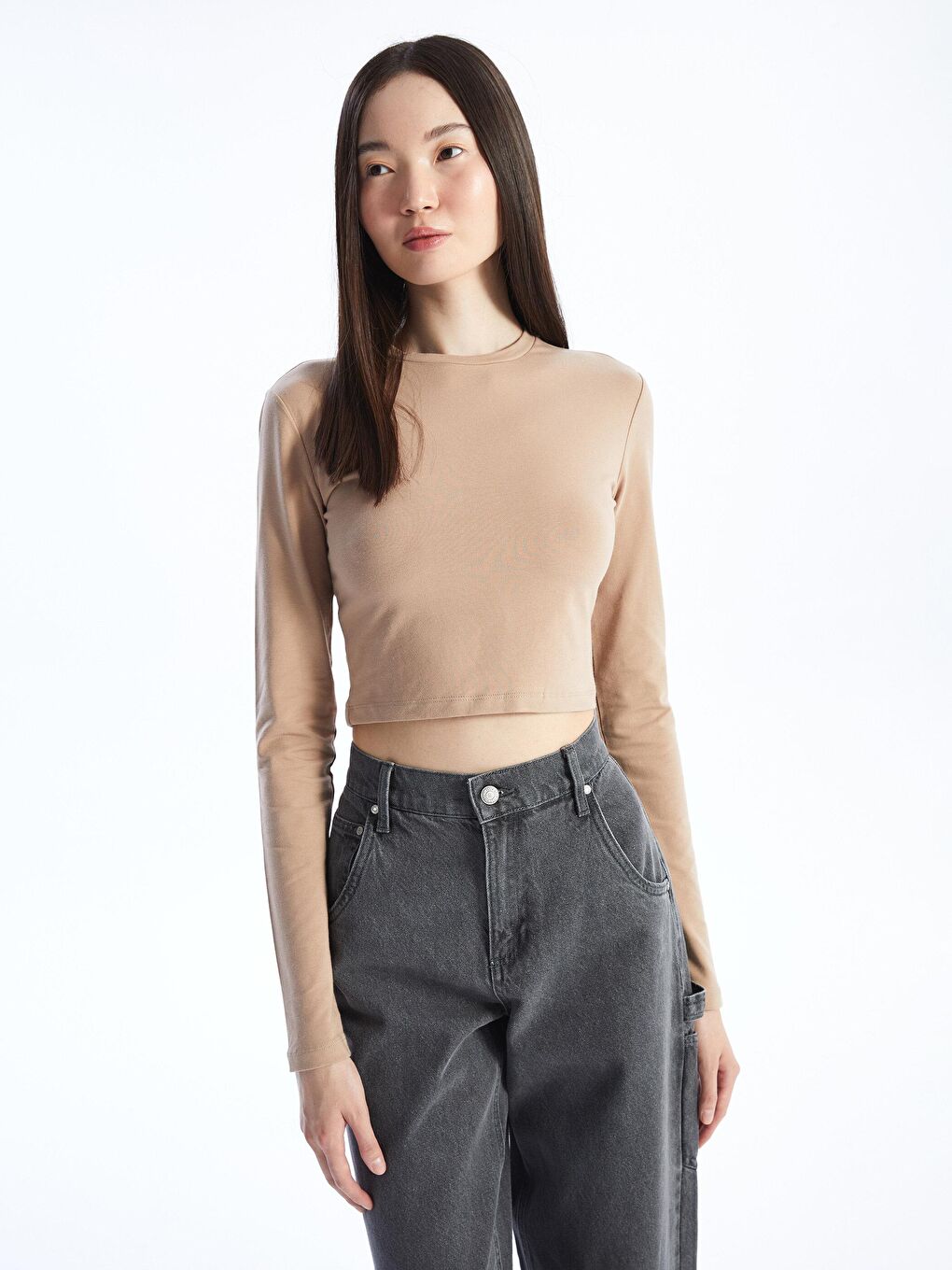 Kahverengi Kadın Crop Basic Sweatshırt