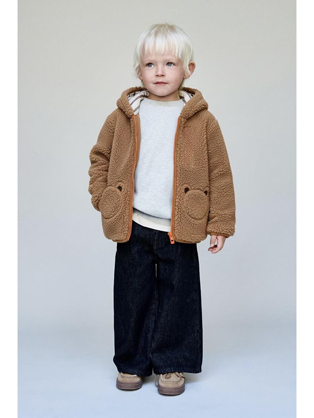 Unisex Çocuk Pamuklu Kahverengi Teddy Desenli Kapüşonlu Fermuarlı Mont - Cep Detaylı