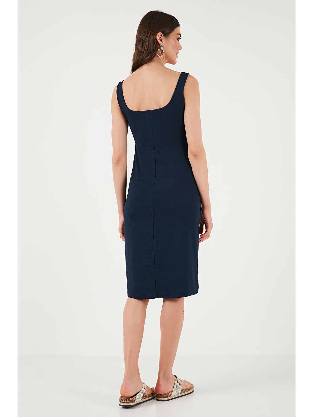Lacivert Streç Slim Fit Kare Yaka Kalın Askılı Midi Boy Kadın Elbise 5866102-6