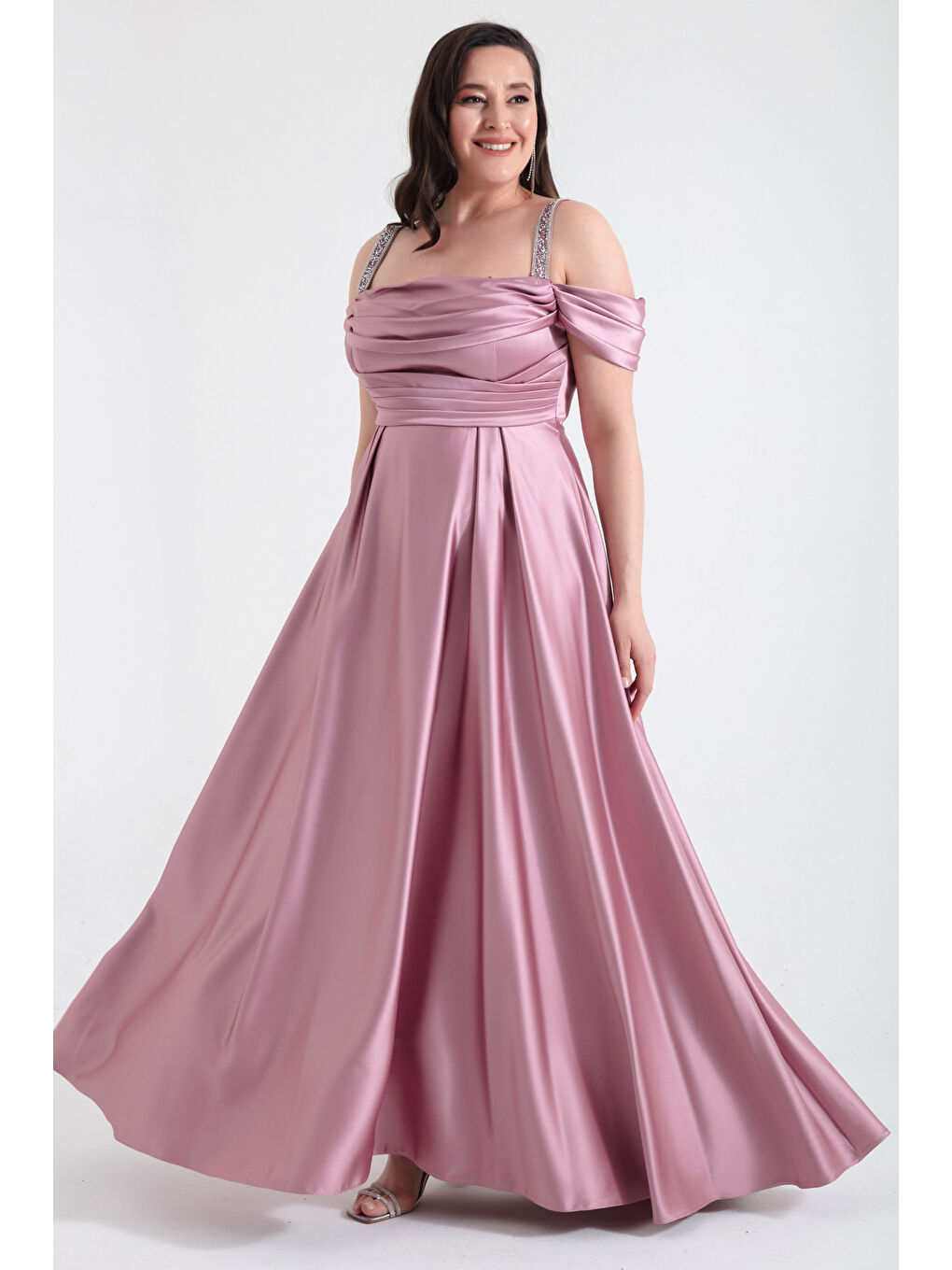 Pembe Kadın Gül Kurusu Taş Askılı Drapeli Büyük Beden Uzun Abiye Elbise