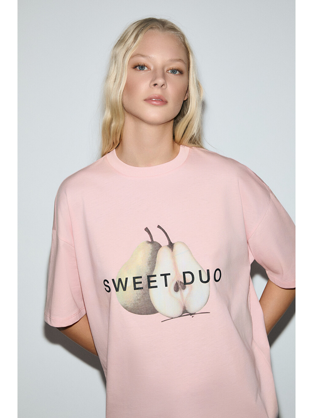 Pembe ASTERIVE Kadın Organik Pamuklu Baskılı Bisiklet Yaka Oversıze SOMON T-Shirt-3