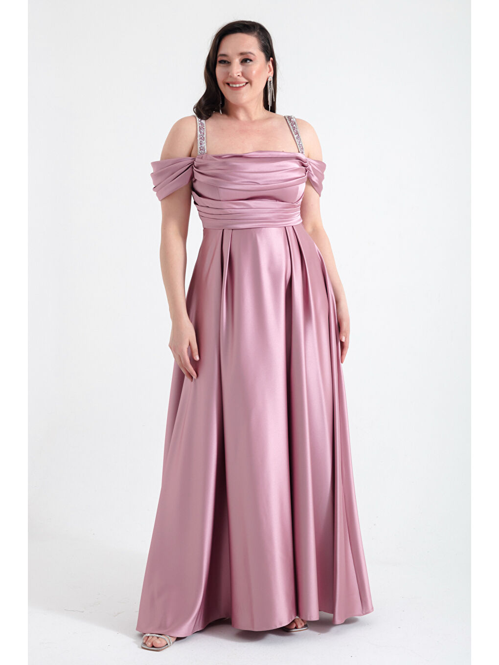 Pembe Kadın Gül Kurusu Taş Askılı Drapeli Büyük Beden Uzun Abiye Elbise-3