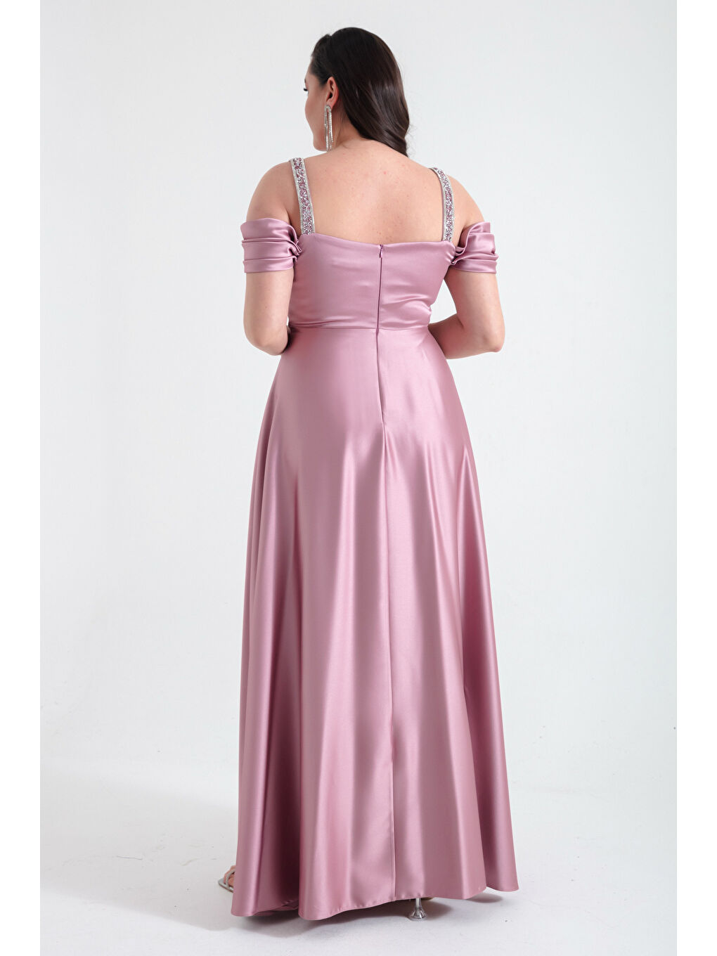 Pembe Kadın Gül Kurusu Taş Askılı Drapeli Büyük Beden Uzun Abiye Elbise-4