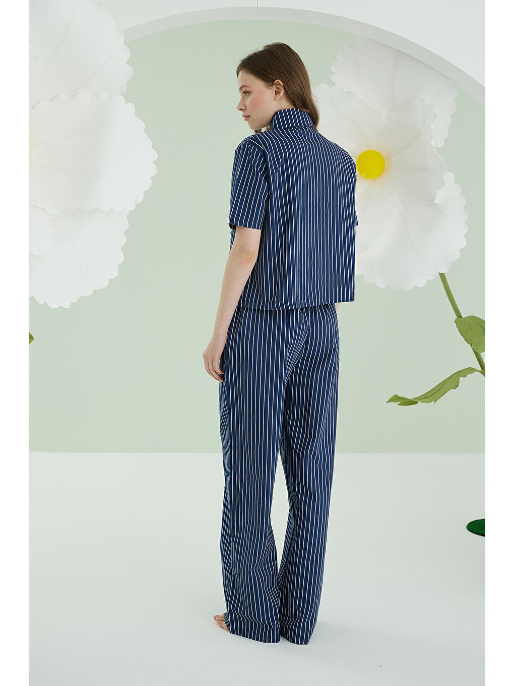 Lacivert Kurdele Önden Düğmeli Pijama Takım-1