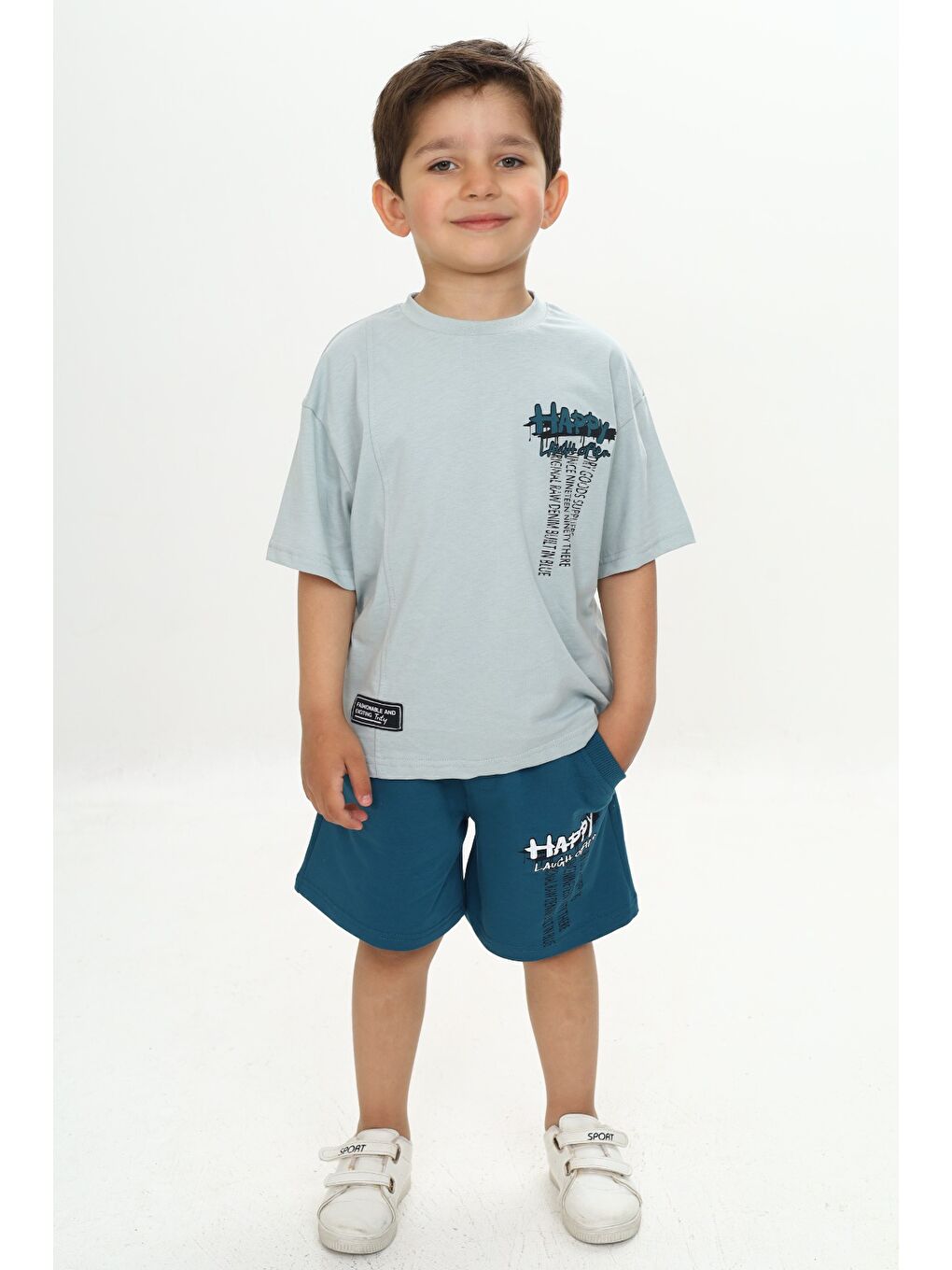 Yeşil Erkek Çocuk Happy Yazı Baskılı Şortlu Takım-3