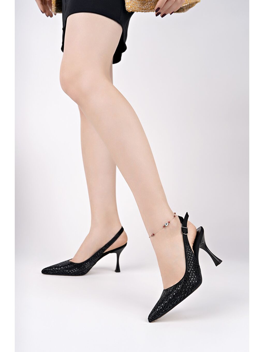 Siyah JEWELLERY Kadın Sivri Burun Arkası Açık Günlük Klasik Topuklu Abiye Ayakkabı-5