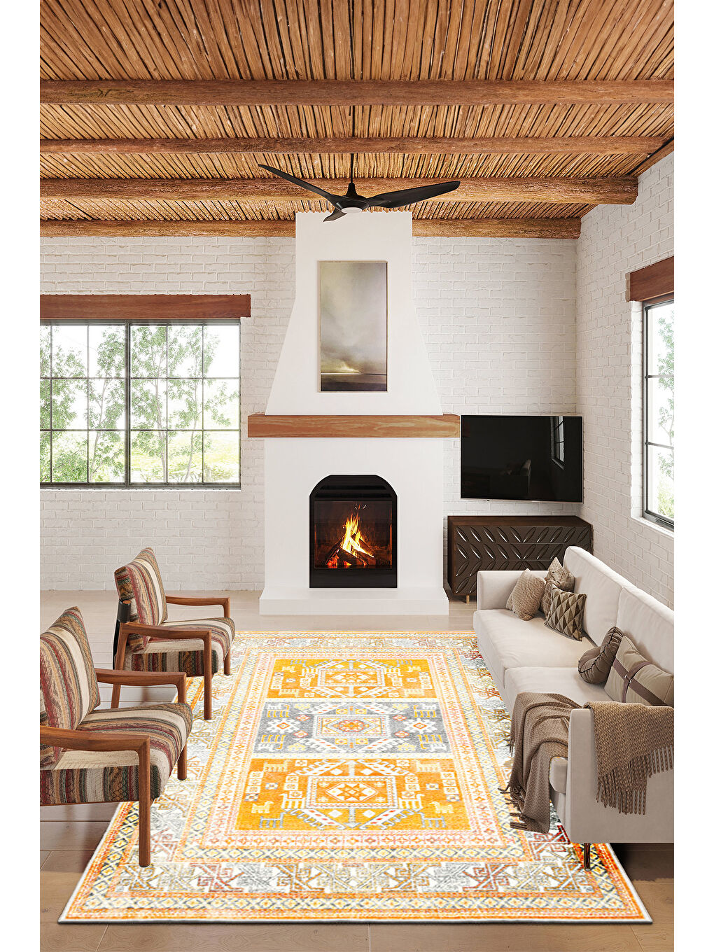 Sarı Dekoratif Özel Tasarım Yıkanabilir İnce Kaymaz Tabanlı Modern Halı KECE FR22-2