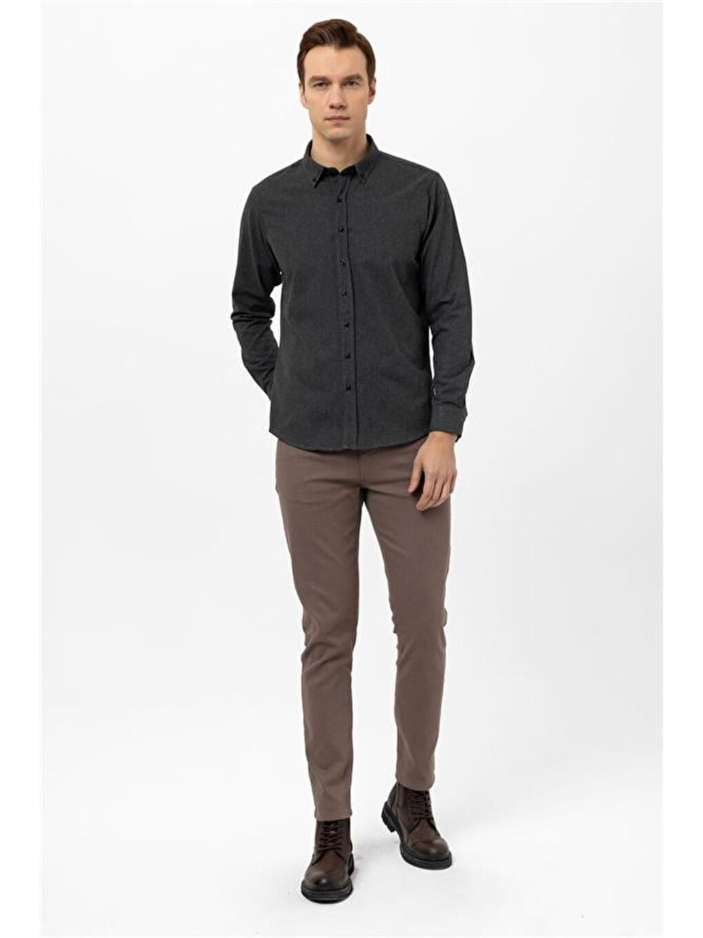 Siyah Slim Düz Düğmeli Yaka Gömlek-2