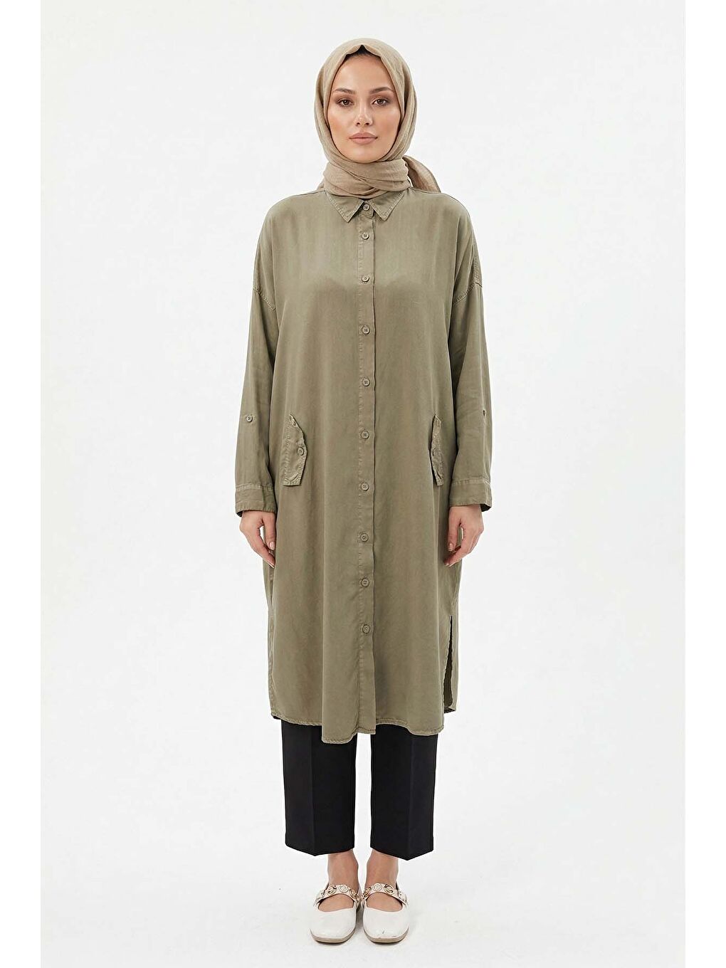 Lyocell Gömlek Uzun Tunik 7509 Haki