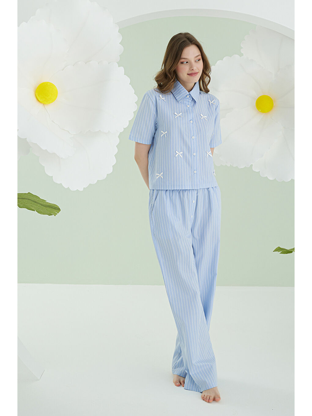 Mavi Kurdele Önden Düğmeli Pijama Takım