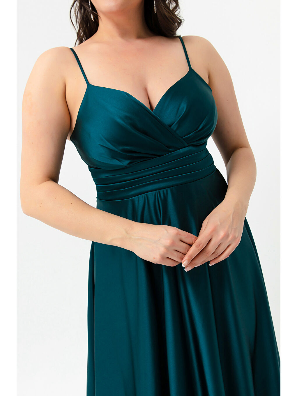 Kadın Petrol İp Askılı Büyük Beden Saten Uzun Abiye & Mezuniyet Elbisesi-1