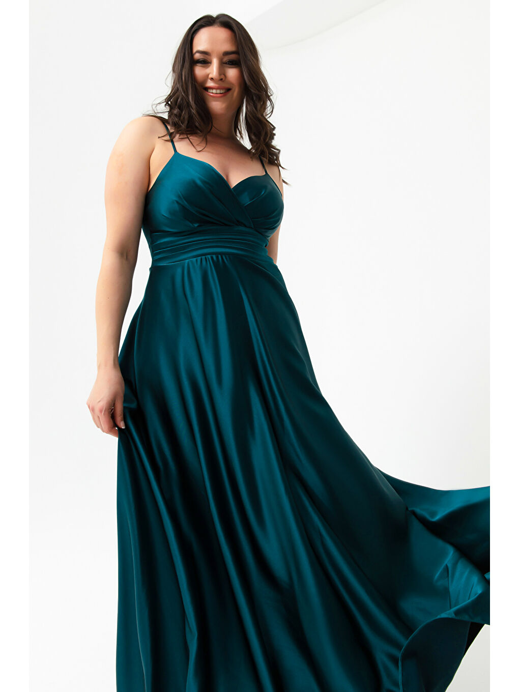 Kadın Petrol İp Askılı Büyük Beden Saten Uzun Abiye & Mezuniyet Elbisesi-2