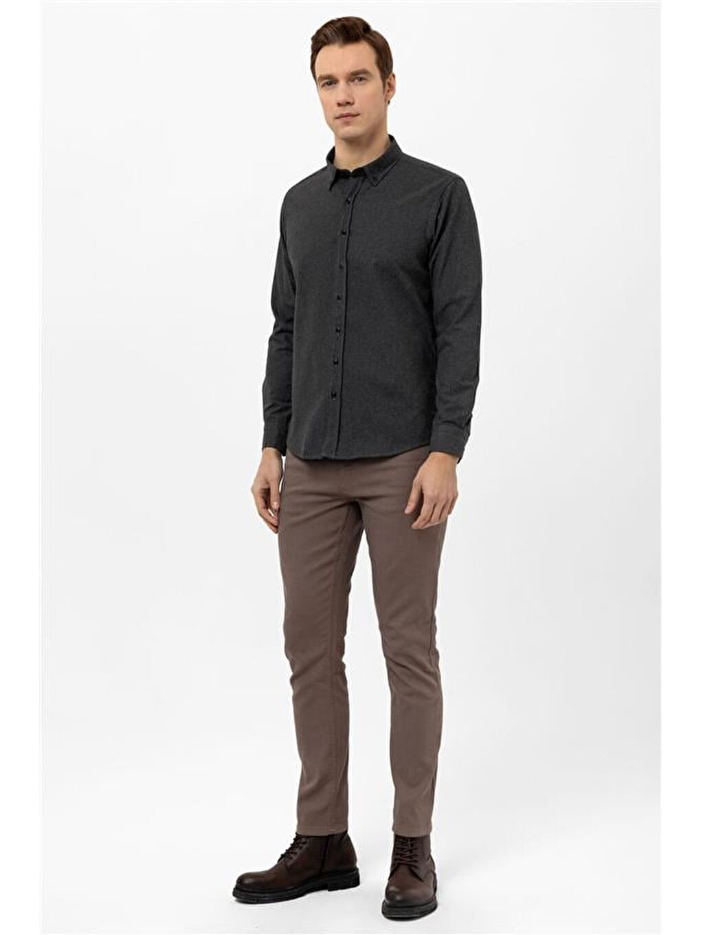 Siyah Slim Düz Düğmeli Yaka Gömlek-3