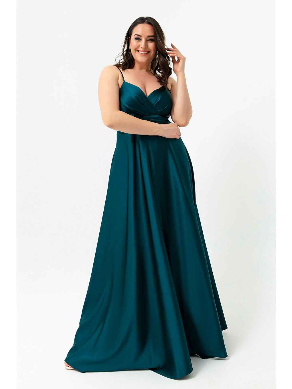 Kadın Petrol İp Askılı Büyük Beden Saten Uzun Abiye & Mezuniyet Elbisesi-3