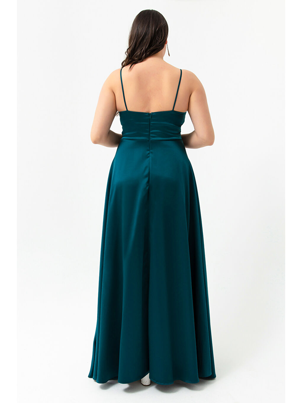 Kadın Petrol İp Askılı Büyük Beden Saten Uzun Abiye & Mezuniyet Elbisesi-4